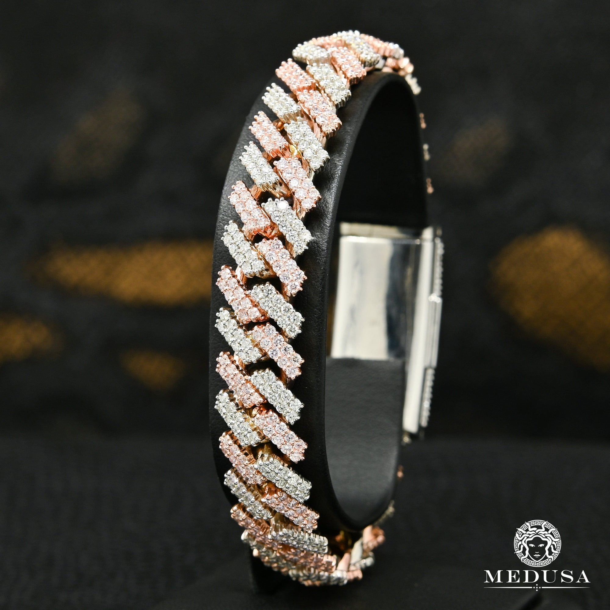 10K Gold Diamond Bracelet | Men&#39;s Bracelet 14mm Cuban Prong Bracelet 2 Tone Gold Big-Lock 8.5&#39;&#39; / Diamond / 2 Tone Rose Gold