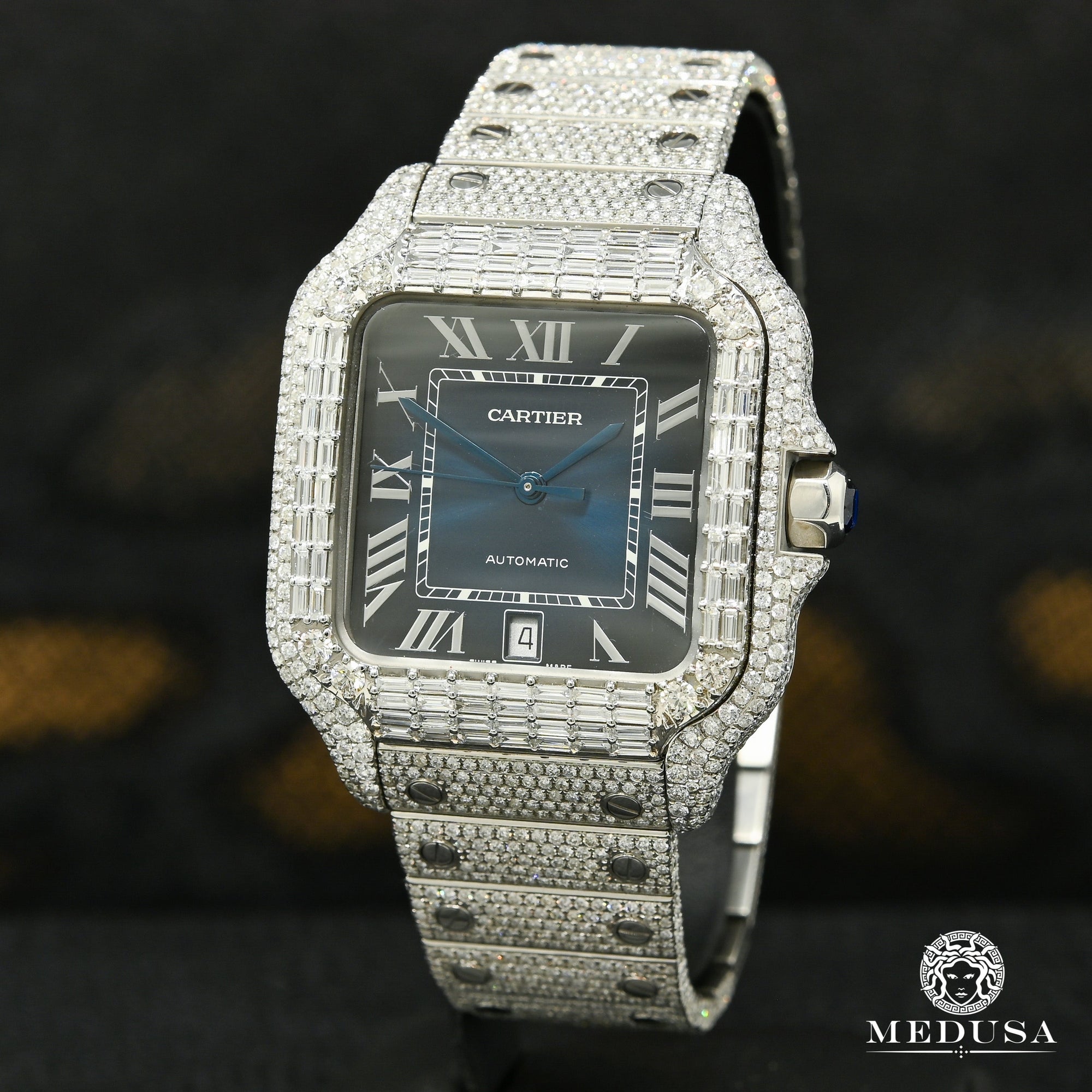 Cartier watch | Cartier Santos 100 XL 40mm Men's Watch - Blue Emerald Full Iced Stainless