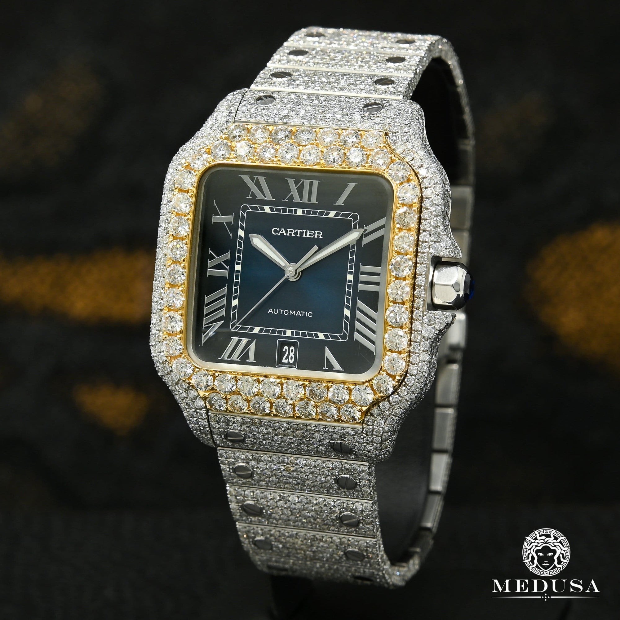 Cartier watch | Cartier Santos 100 XL 40mm Men's Watch - Blue Full Iced Gold 2 Tones