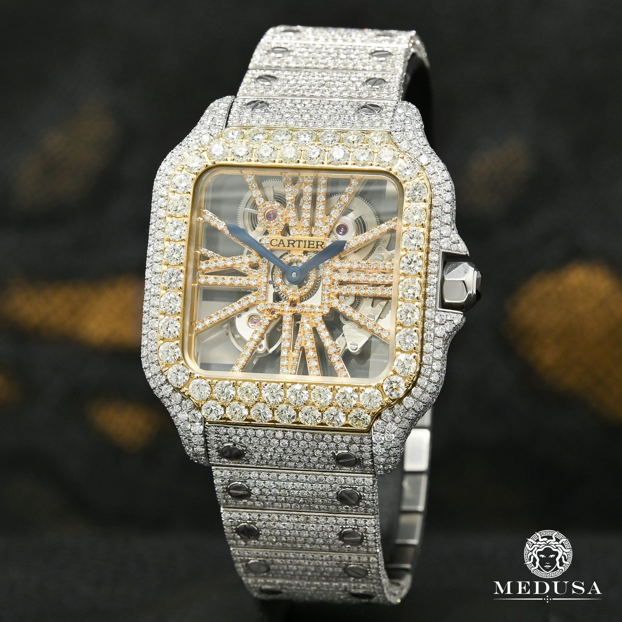 Cartier watch | Cartier Santos Skeleton 40mm Men's Watch - Full Iced Gold 2 Tones