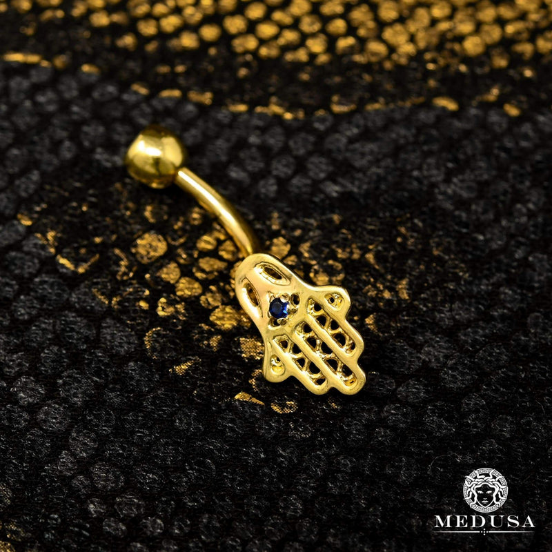 14K Gold Navel Barbell | Yellow Gold F14 Khamsa Barbell Piercing Jewelry