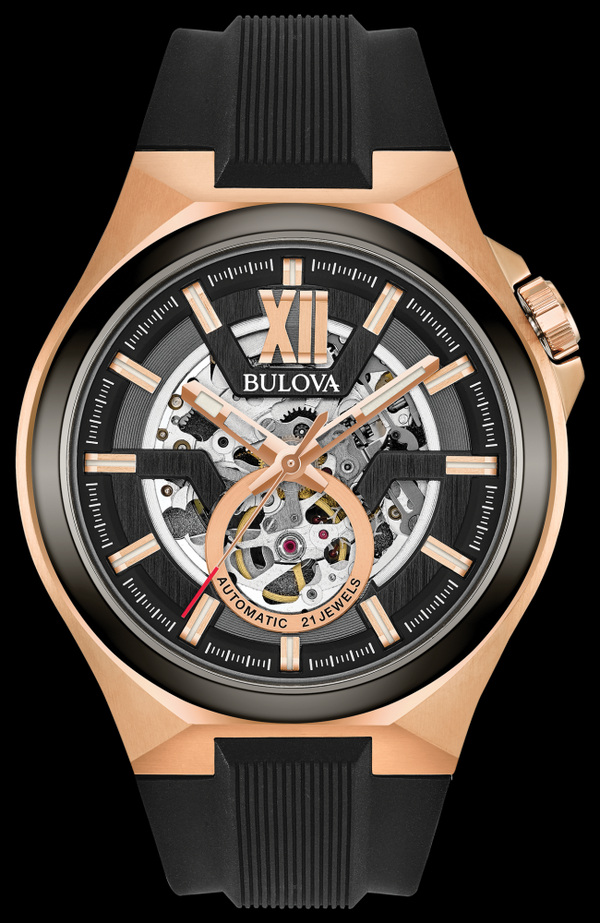 Bulova Orologio Uomo Automatico 98A177 – Cassa Acciaio E Silicone – Quadrante Scheletrato Nero
