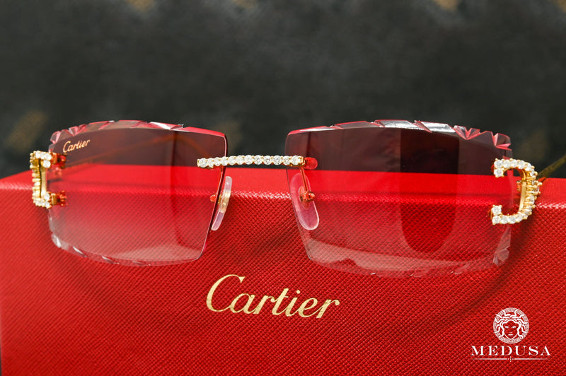 Cartier glasses | Cartier C Men&#39;s Glasses | Gold &amp; Red Diamond Cut Lenses Yellow Gold