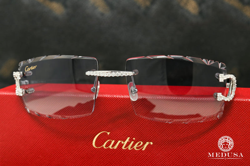 Lunette Cartier | Lunette Homme Cartier C | Silver &amp; Black Diamond Cut Lenses Or Blanc