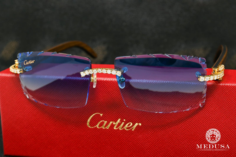 Cartier glasses | Cartier Signature C Men&#39;s Glasses | Wood &amp; Blue Diamond Cut Lenses Yellow Gold