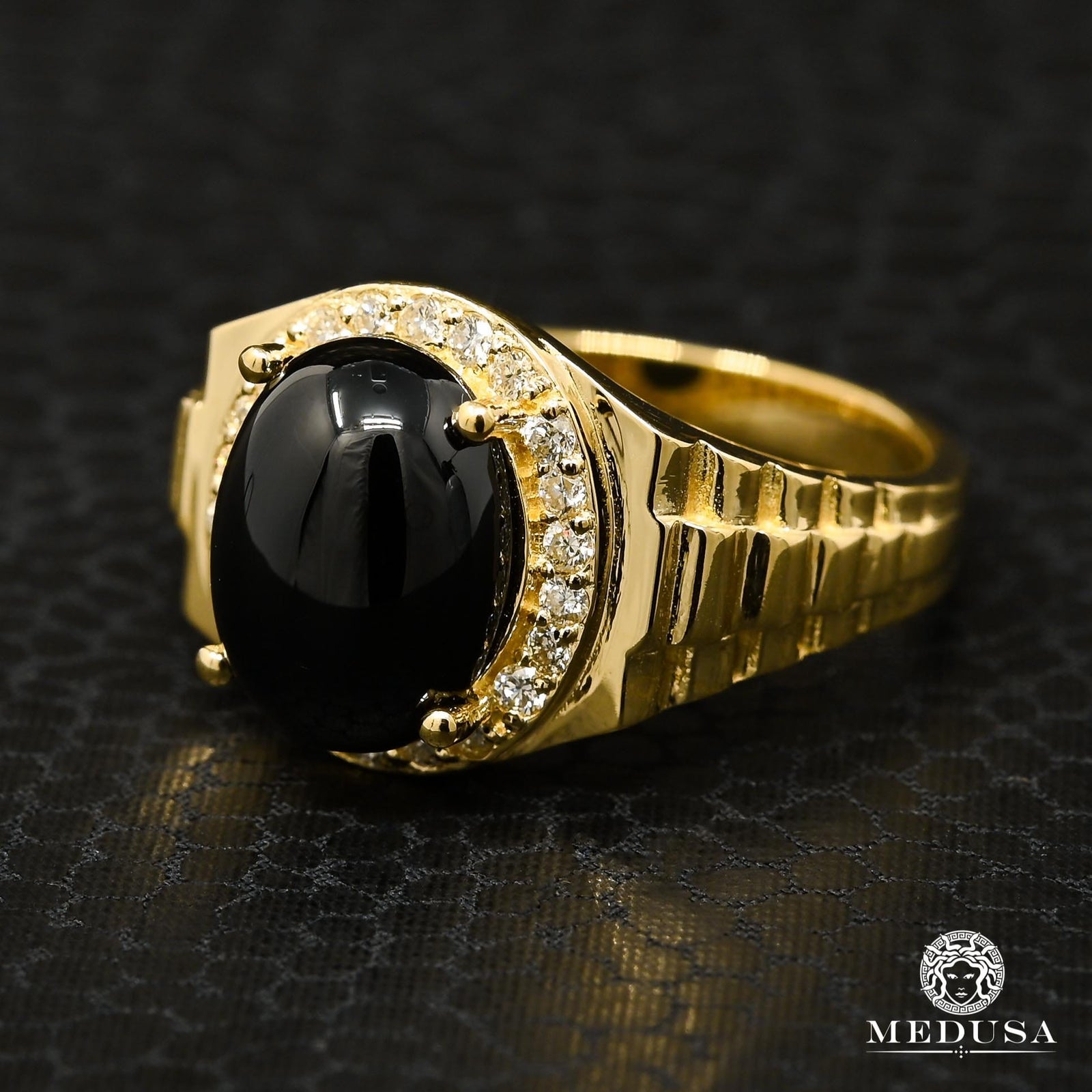10K Gold Diamond Ring | Men's Ring Mirror D3 - Onyx 10K / Yellow Gold