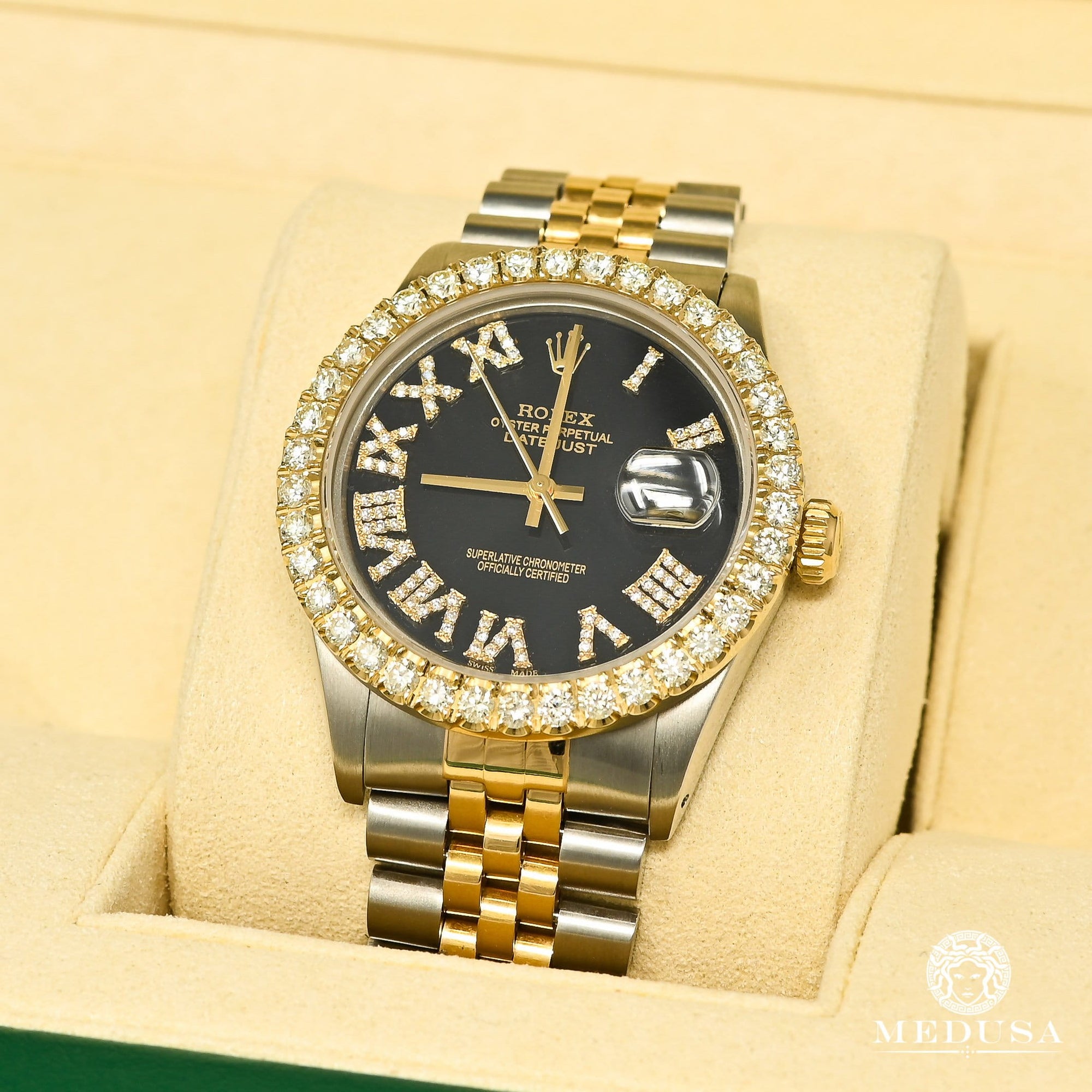 Montre Rolex | Montre Homme Rolex Datejust 36mm - Noir Chiffre Romain Or 2 Tons