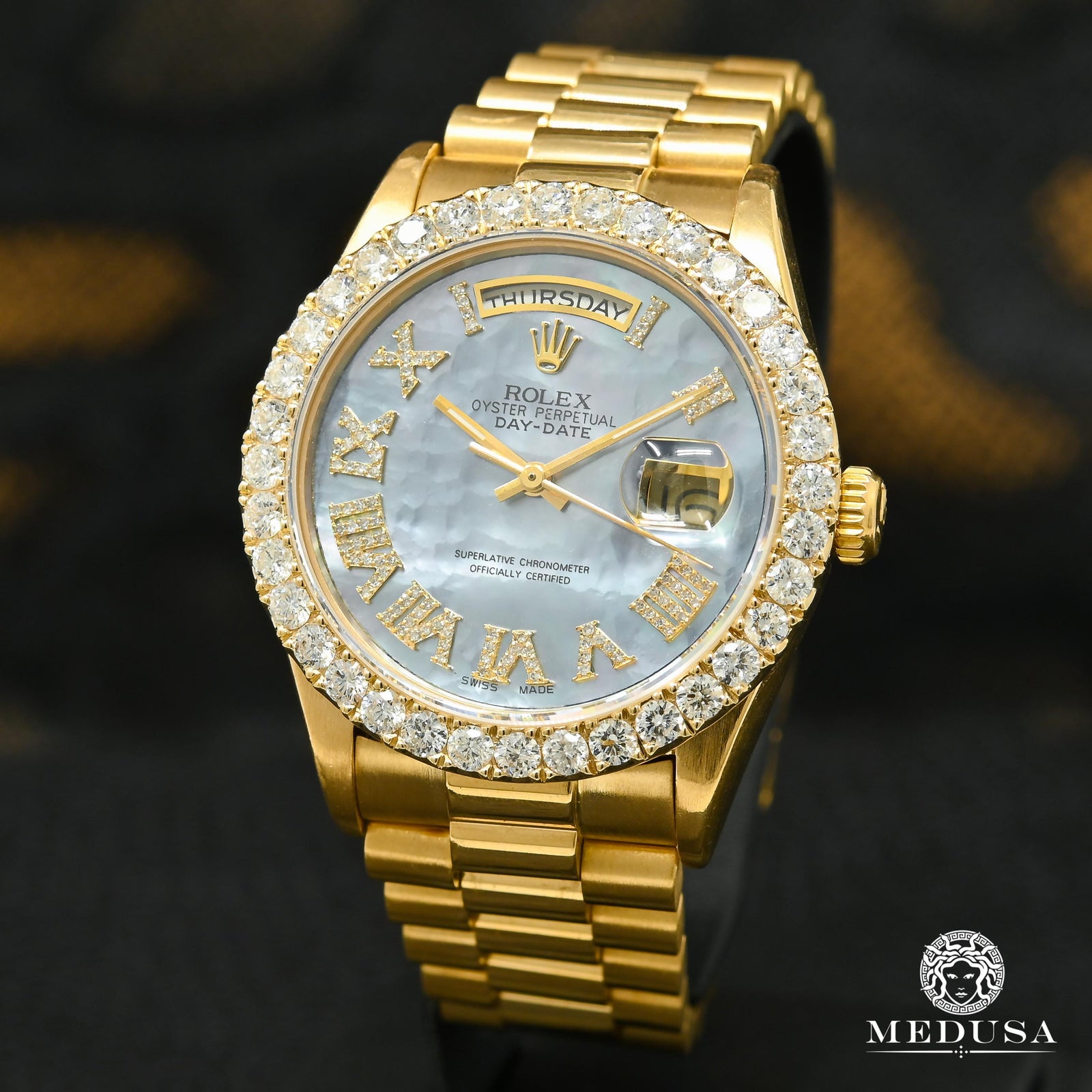 Montre Rolex | Montre Homme Rolex Day-Date 36mm - Cyan ’’Mother Of Pearl’’ Romain / Or Jaune